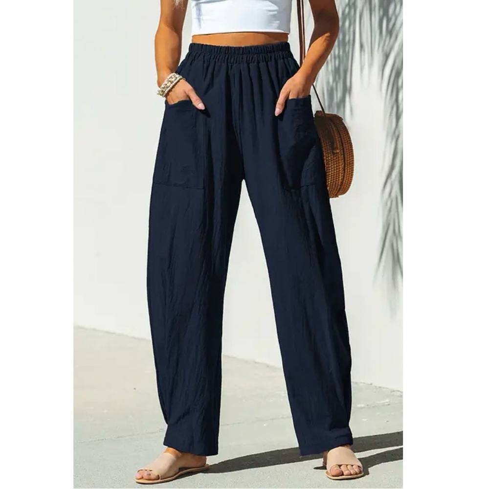100% Cotton Navy Elastic Waist Tapered Leg Pants